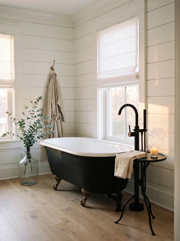 white shiplap bathroom with black clawfoot tub, brass feet and matte black floor mounted tub filler