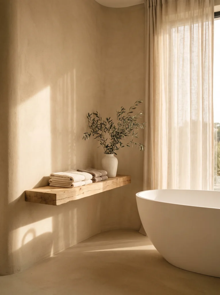 warm beige microcement bathroom corner with thick oak floating shelf, freestanding tub and linen curtain