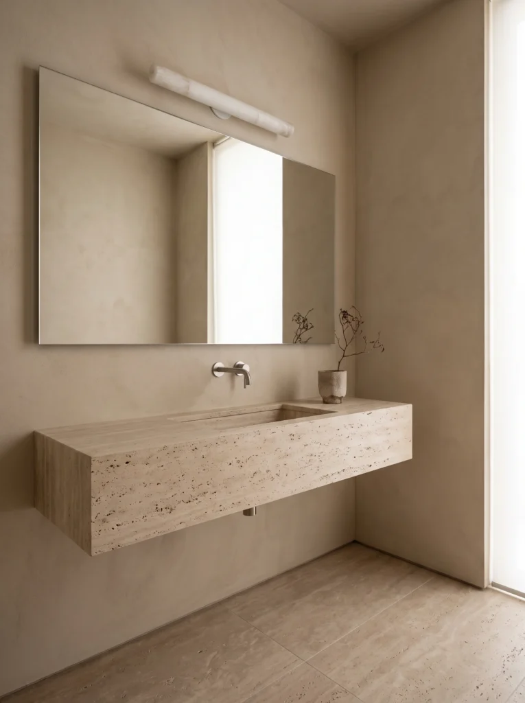 minimalist powder room with warm plaster walls, floating travertine slab vanity with carved sink and frameless mirror