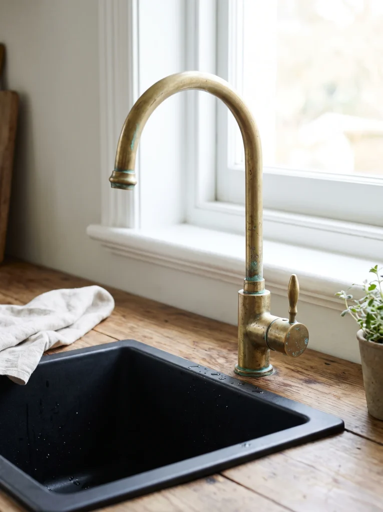 brass faucet with light patina next to a matte black sink