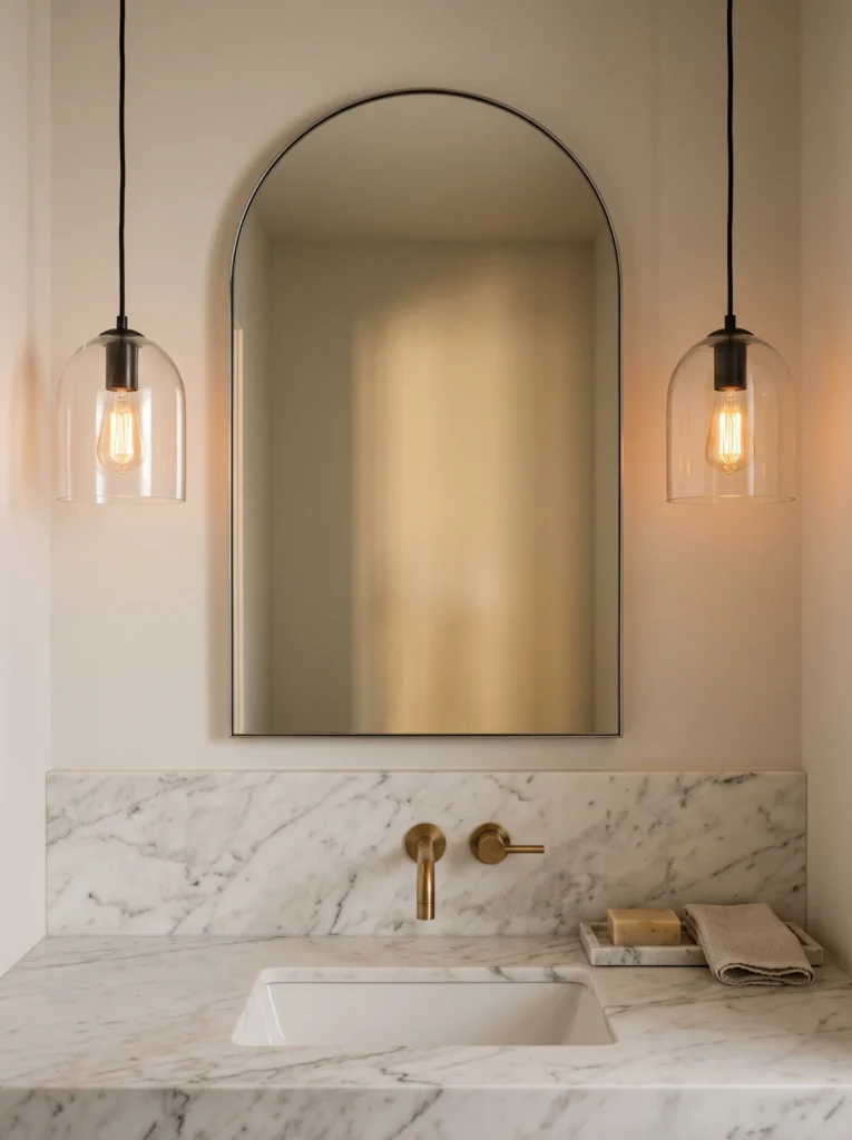 two clear glass dome pendant lights hanging on either side of an arched mirror above a marble vanity with brass faucet