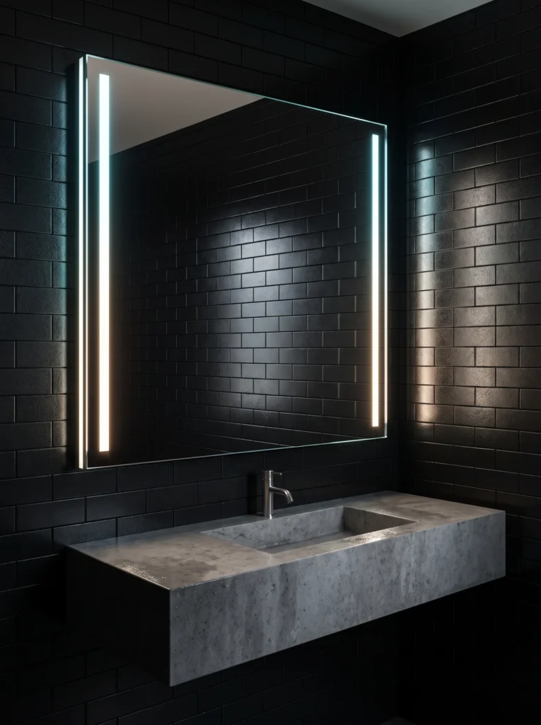 large rectangular LED lit mirror with vertical light bars on a black subway tile wall above a floating concrete sink