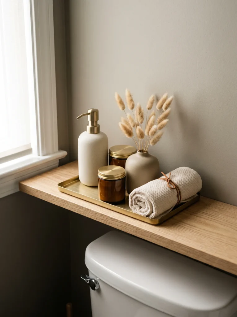 Wood counter over a toilet holding a brass tray with a cream soap dispenser, two amber jars with gold lids, a taupe vase of bunny tail grass, and a rolled towel tied with leather cord