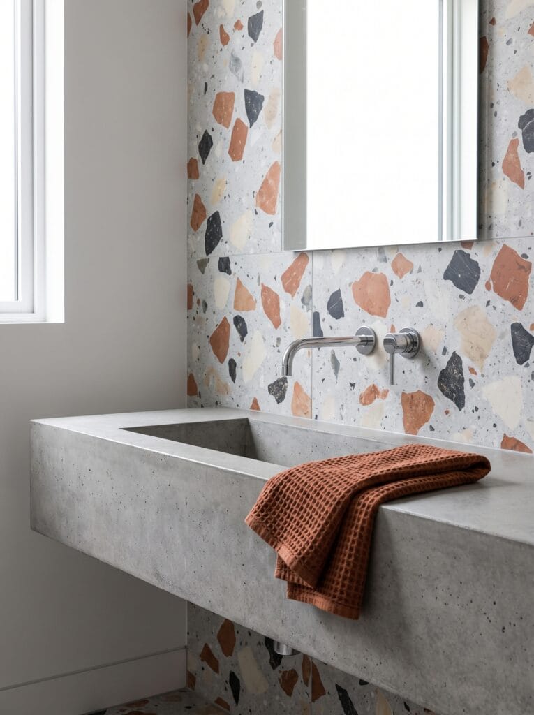 terrazzo slab wall with terracotta and charcoal chips