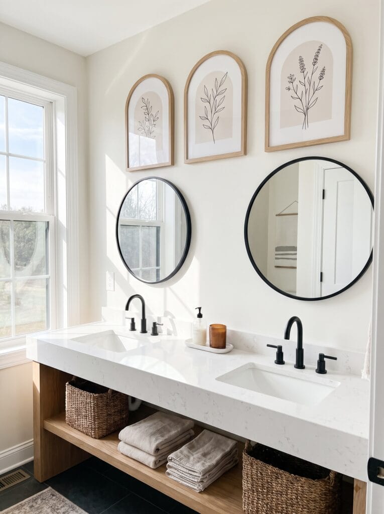 Three arch shaped line art prints in oak frames above a double vanity