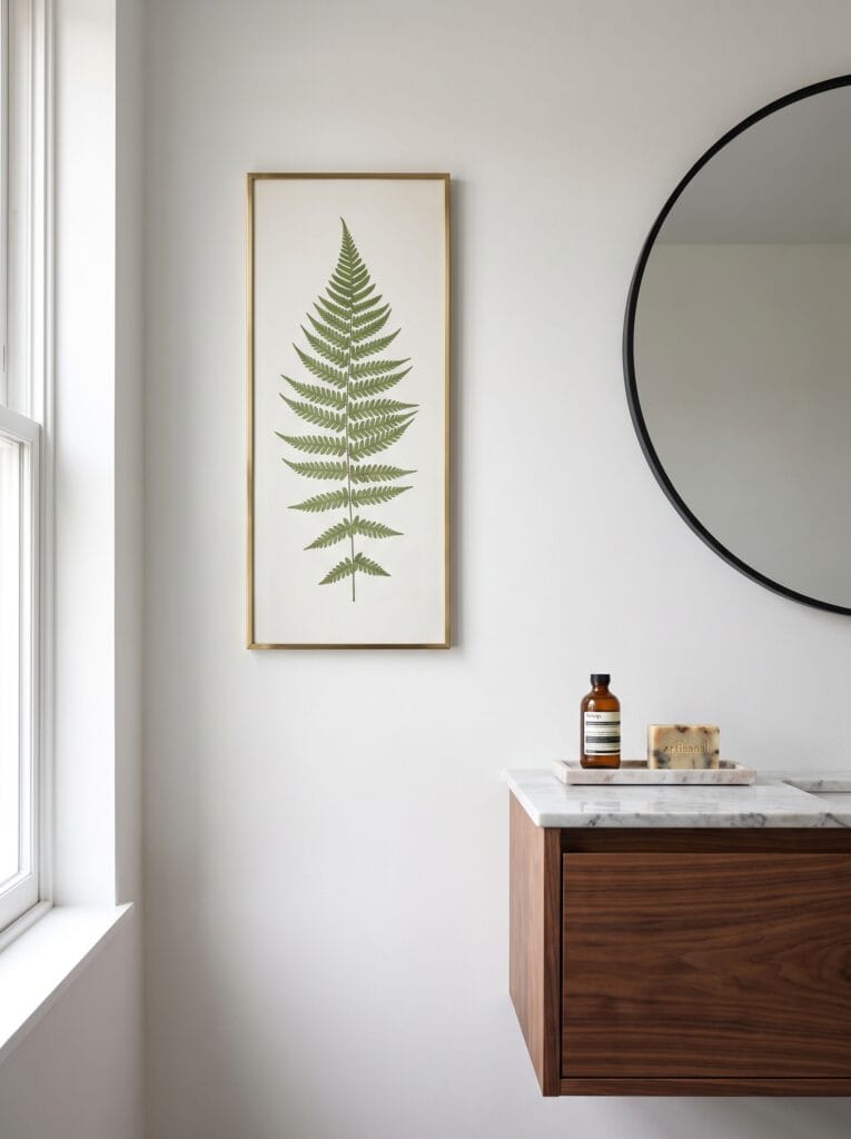 Tall vertical fern print in a slim brass frame beside a round black mirror