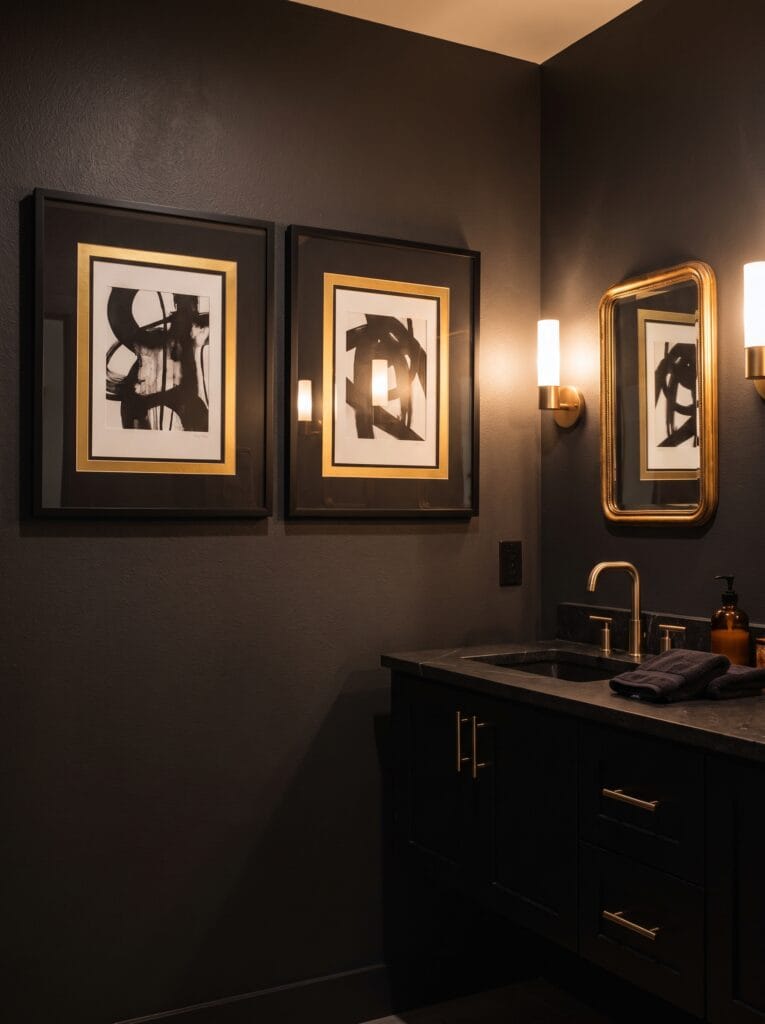 Two black and gold matted abstract prints on a dark charcoal bathroom wall