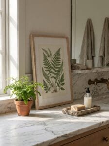 Framed print leaning against the wall on a marble bathroom counter