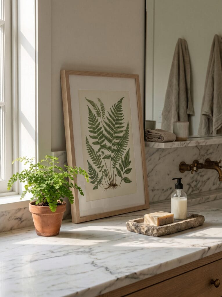 Framed fern print leaning on a marble vanity counter next to a potted maidenhair fern