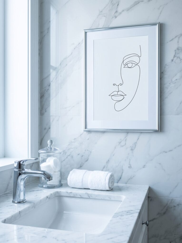 Single line face drawing in a thin silver frame on a marble bathroom wall