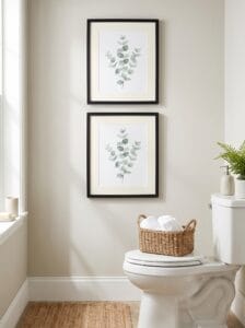 Two framed botanical prints hung above a toilet