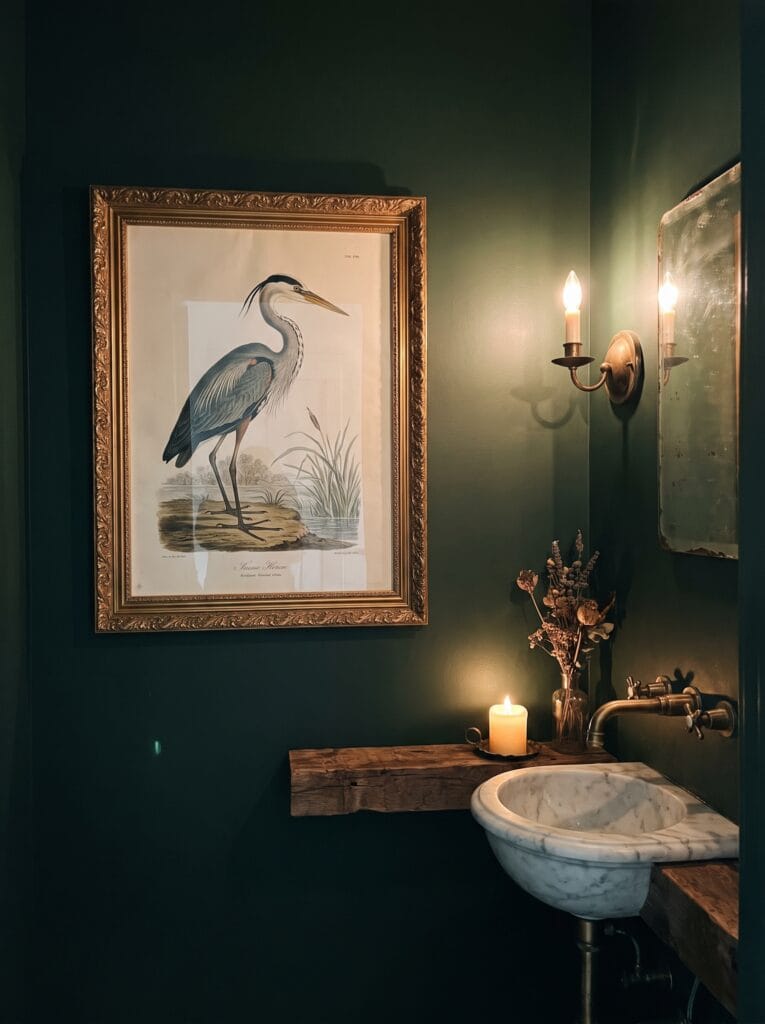 Vintage heron print in an ornate gold frame on a dark green powder room wall