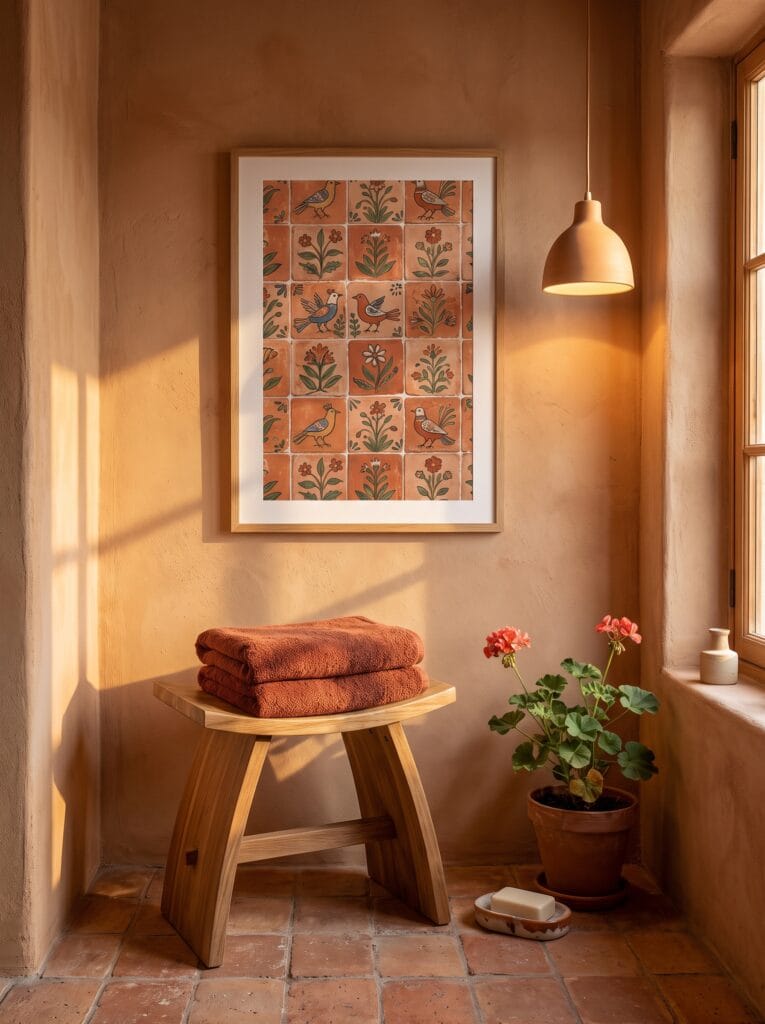 Framed terracotta folk tile pattern print on a clay plaster bathroom wall