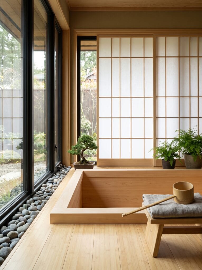 A Japanese zen bathroom with a deep wooden soaking tub set into pale bamboo flooring beside a shoji screen