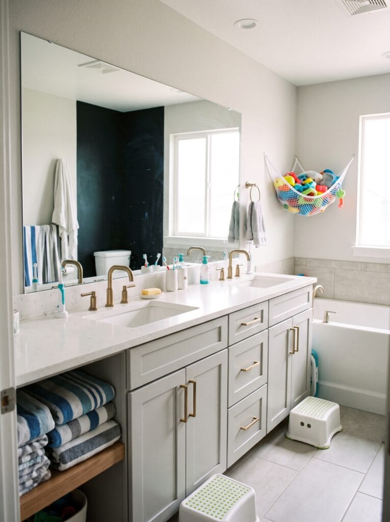 A suburban family bathroom with a double-sink quartz vanity and light grey shaker cabinets