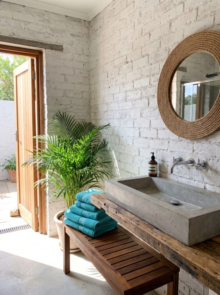A pool-house half bath with whitewashed brick walls and a simple concrete sink basin