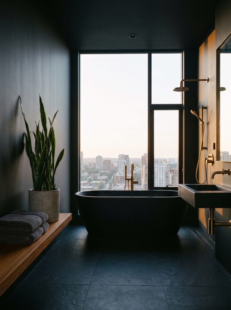 A dark modern bathroom with a matte black freestanding tub beneath a floor-to-ceiling city-view window