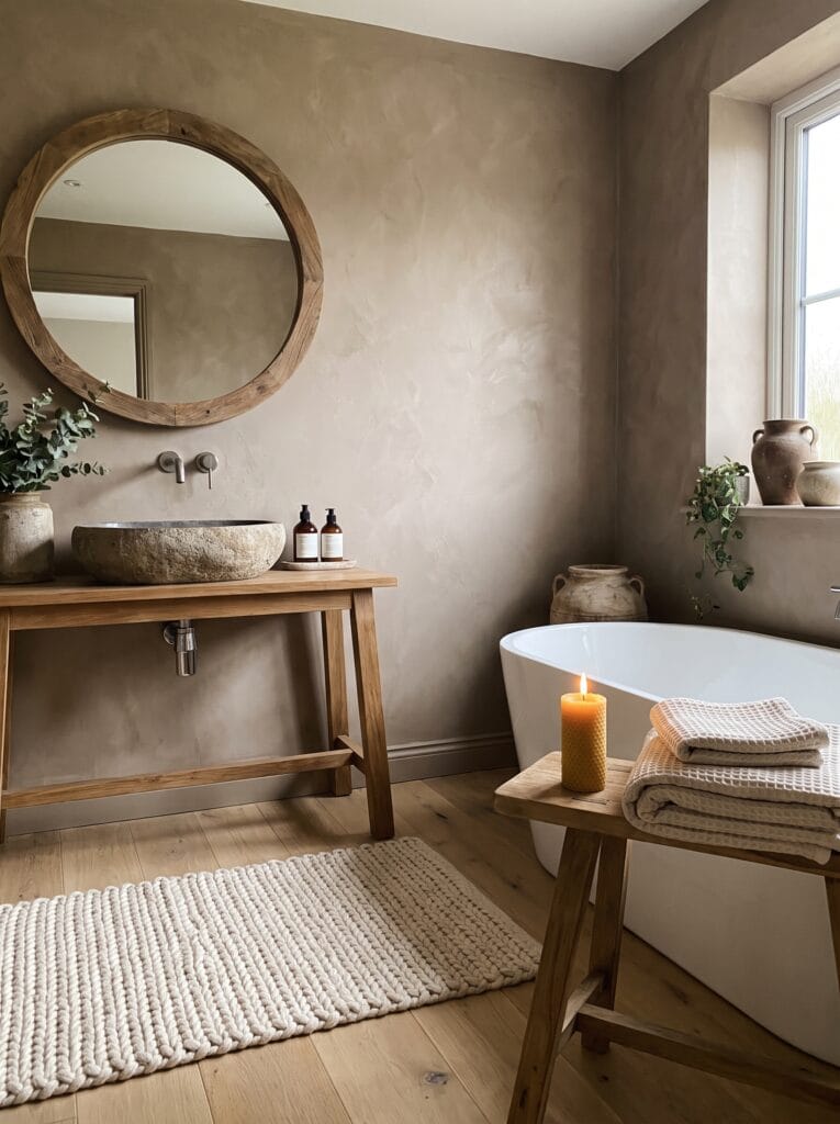 A cozy neutral bathroom with taupe plaster walls and a round wood-framed mirror above a stone vessel sink