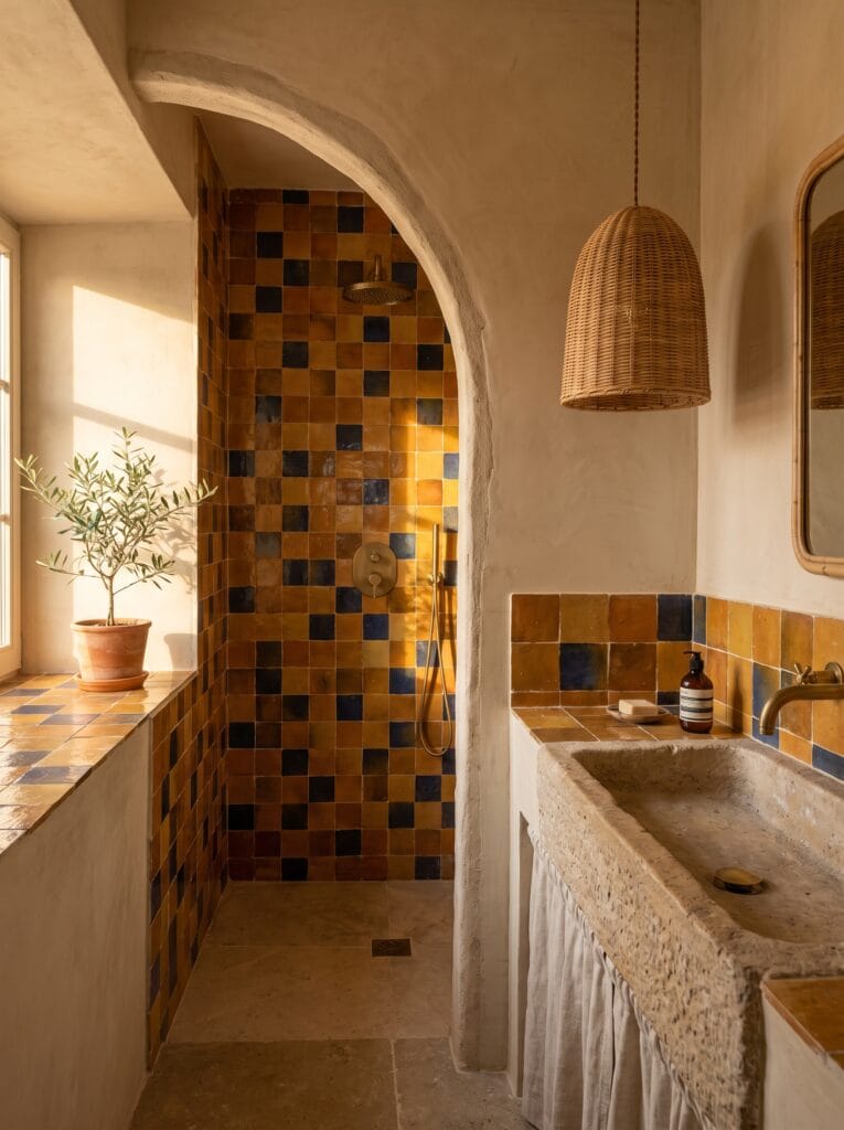 A Mediterranean bathroom with hand-painted amber and blue zellige tile behind a curved plaster archway