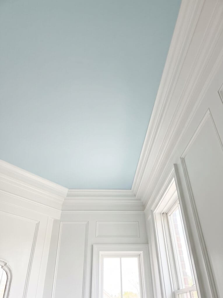 A pale blue painted bathroom ceiling with white crown moulding and white panelled walls