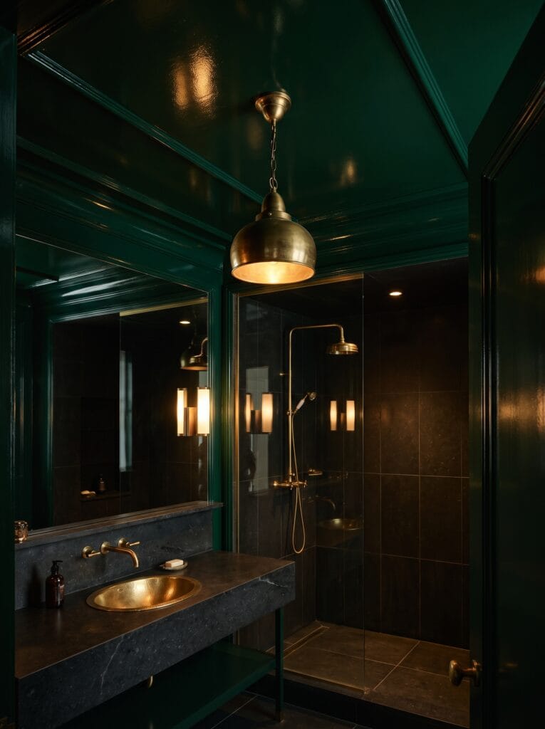 A high-gloss emerald green lacquered bathroom ceiling with a brass dome pendant