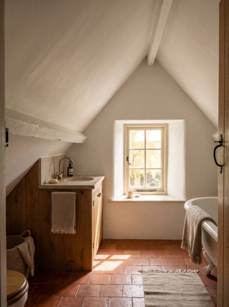 A plain white sloped cottage bathroom ceiling with a painted beam and terracotta floor