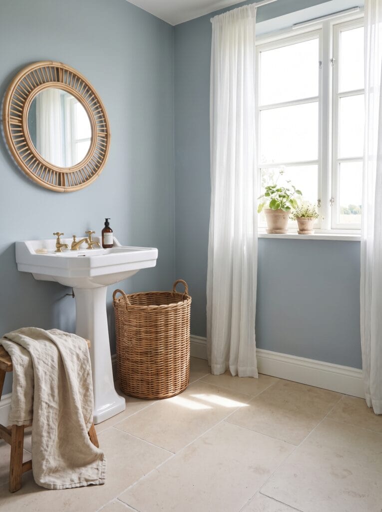 Soft blue-grey bathroom with sand limestone floor, rattan mirror and wicker basket
