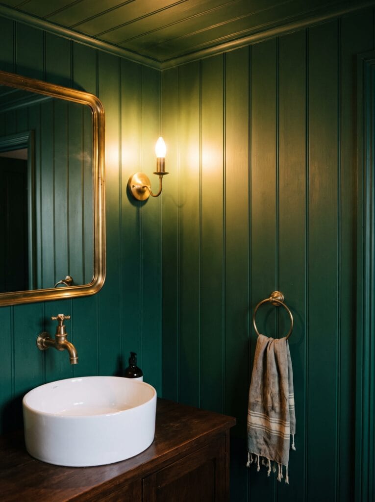 Deep green panelled bathroom with brass tap, mirror frame and towel ring