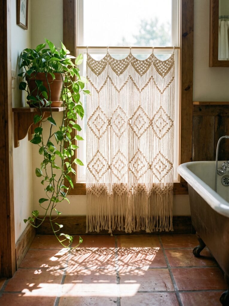 Cream macrame curtain panel at a window casting patterned shadows on terracotta floor