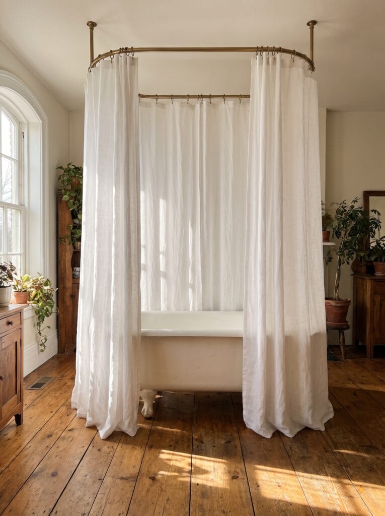 White clawfoot bathtub encircled by linen curtains on an oval brass ceiling rod