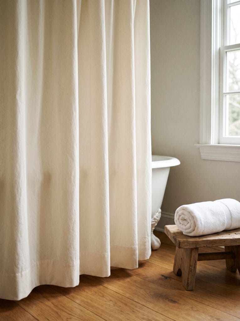 Cream cotton shower curtain grazing a wood floor with a weighted hem
