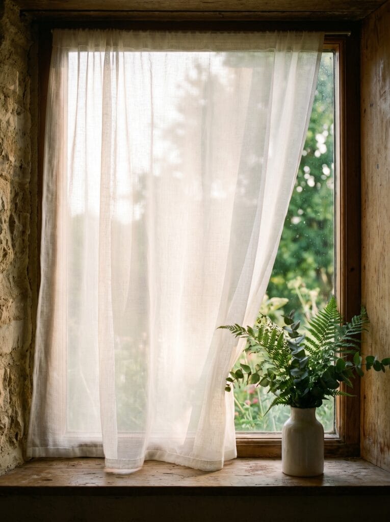 White voile curtain diffusing sunlight at a rustic bathroom window with a ceramic vase