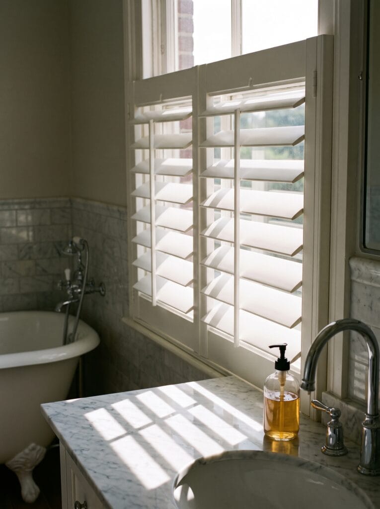 White plantation shutters half open in a bathroom with a marble vanity and clawfoot tub