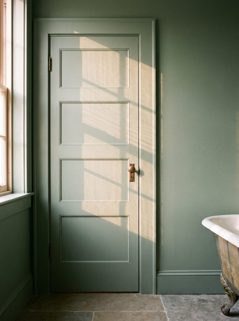 Sage green four panel bathroom door painted to match the surrounding wall