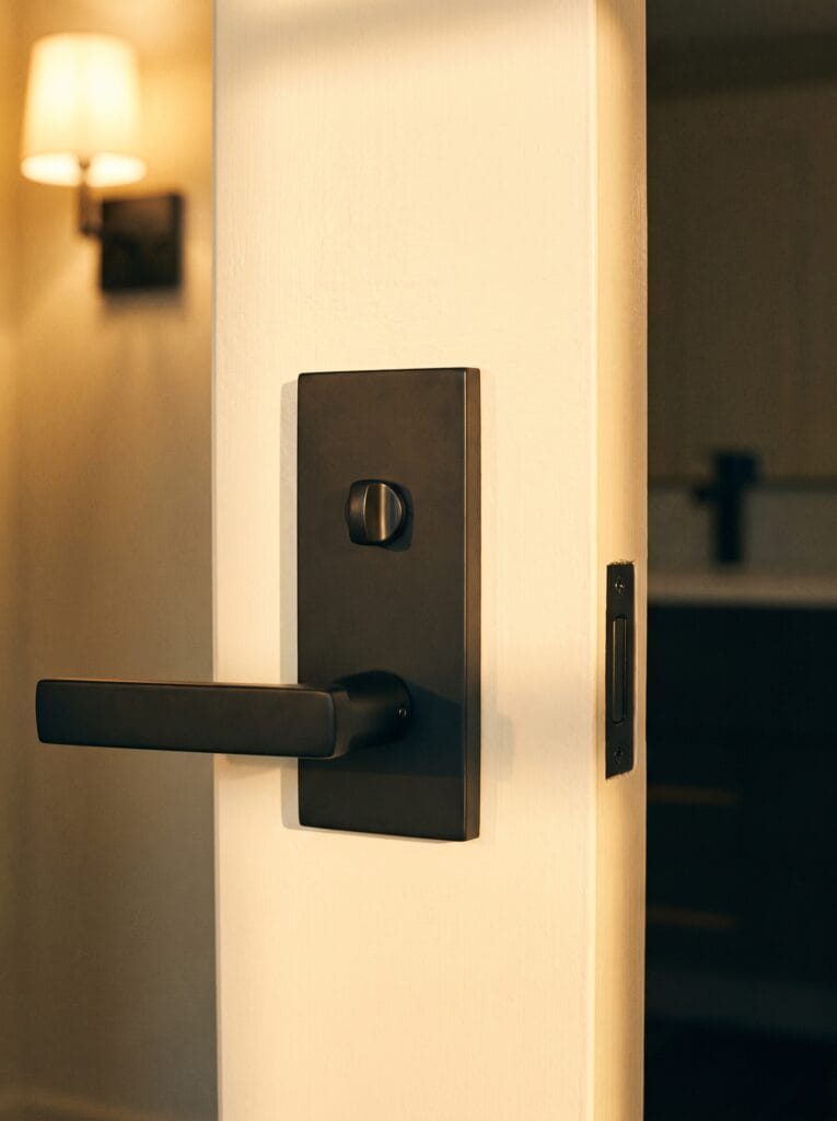 Close view of a black bathroom door lever with a privacy turn and emergency release