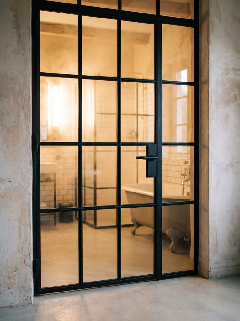 Bathroom door glazed in clear panes divided by a slim black steel grid