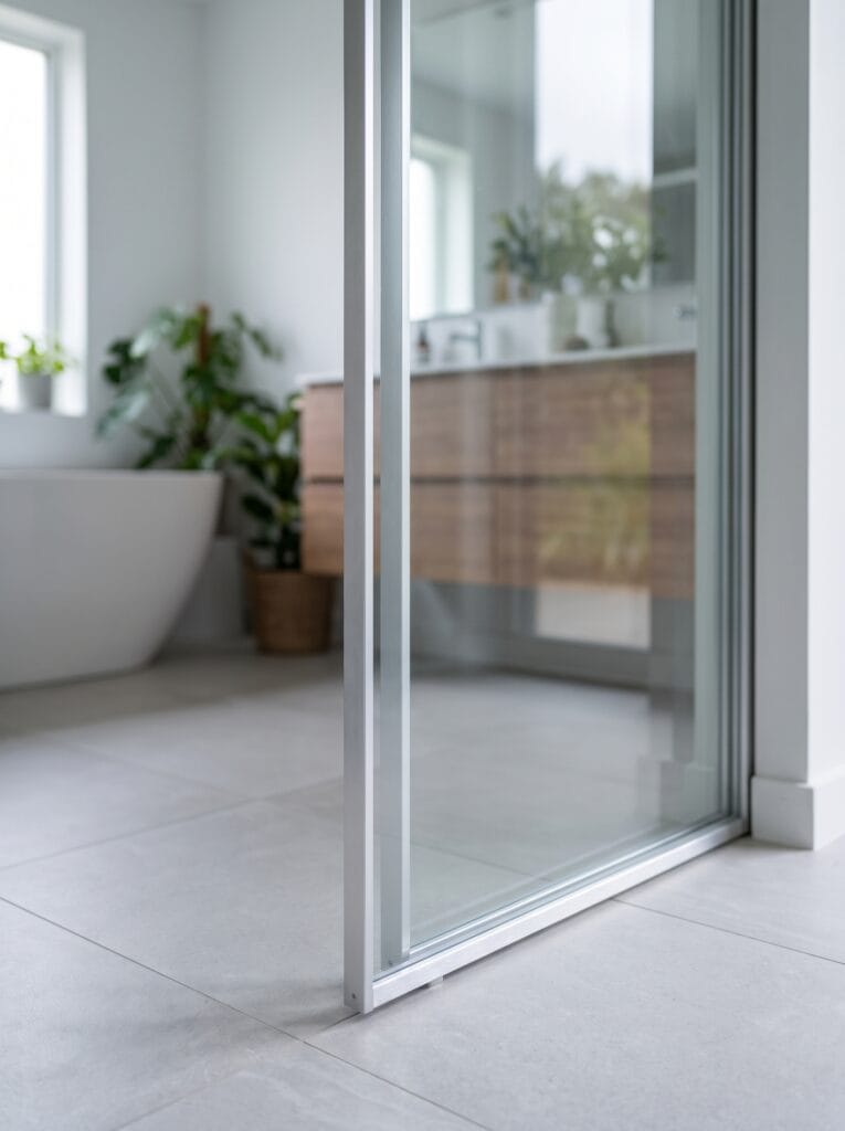 Bathroom door in clear glass held in a slim brushed aluminium frame