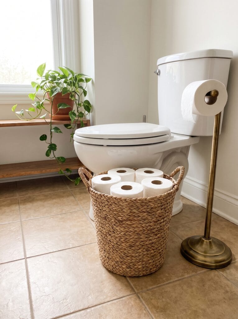 Tall woven basket of rolled toilet paper beside a white toilet with a brass freestanding holder