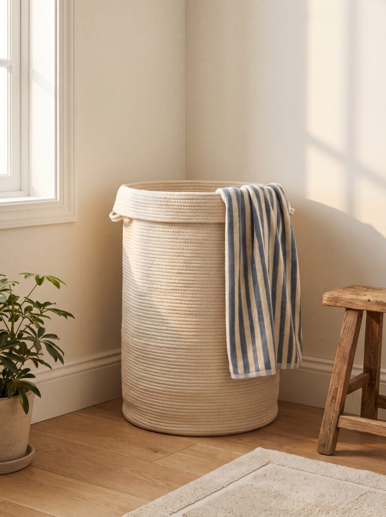 Tall woven cotton rope laundry hamper with a striped towel draped over one side in a bathroom corner