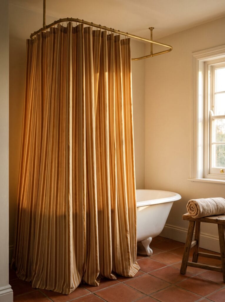 Striped ochre and cream cotton shower curtain hanging from a ceiling rail beside a white clawfoot tub