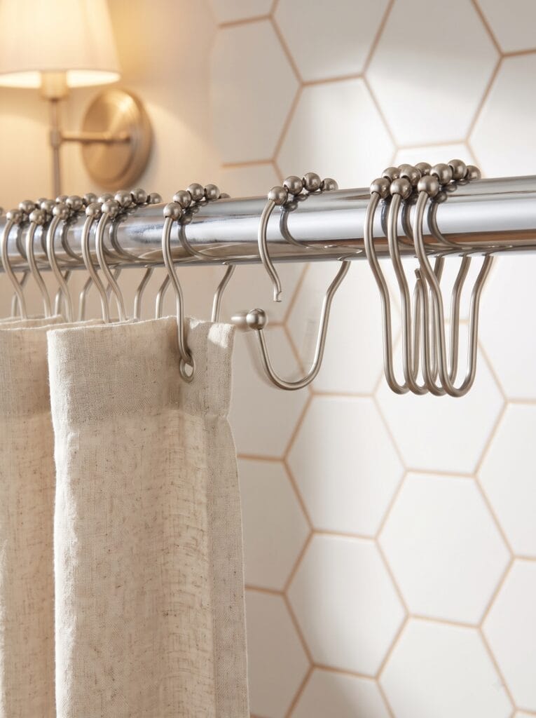 Brushed nickel roller ball shower curtain hooks threaded along a chrome rod above a linen curtain
