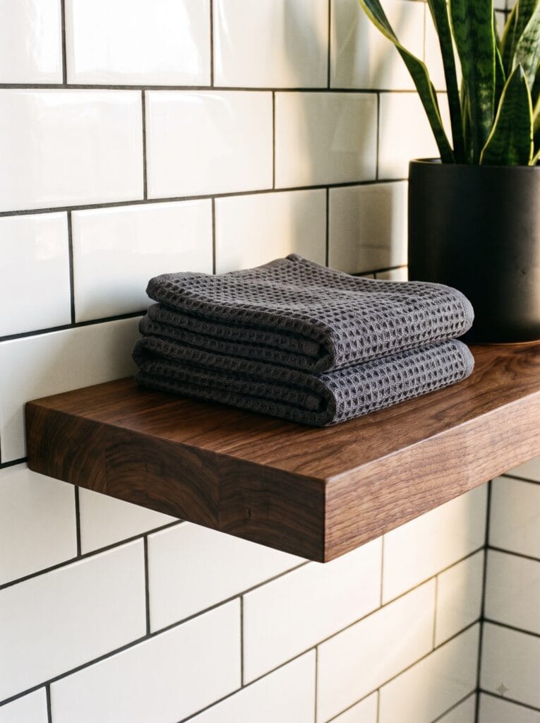 A thick dark walnut floating shelf mounted flush against white subway tile with dark grout, holding a stack of folded grey waffle towels and a black ceramic pot with a snake plant.