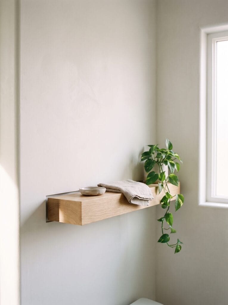 A light oak shelf mounted on a visible metal rail with a clear air gap between the board and the white plaster wall, holding a small ceramic bowl, a linen cloth and a trailing pothos, with a window to the right.