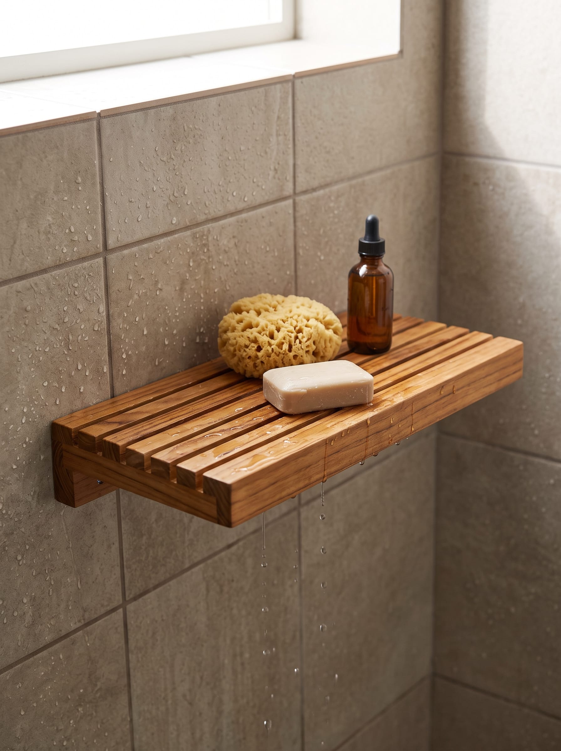 A slatted teak shelf inside a tiled shower with water dripping through the gaps between the strips, holding a sea sponge, a bar of soap and an amber dropper bottle