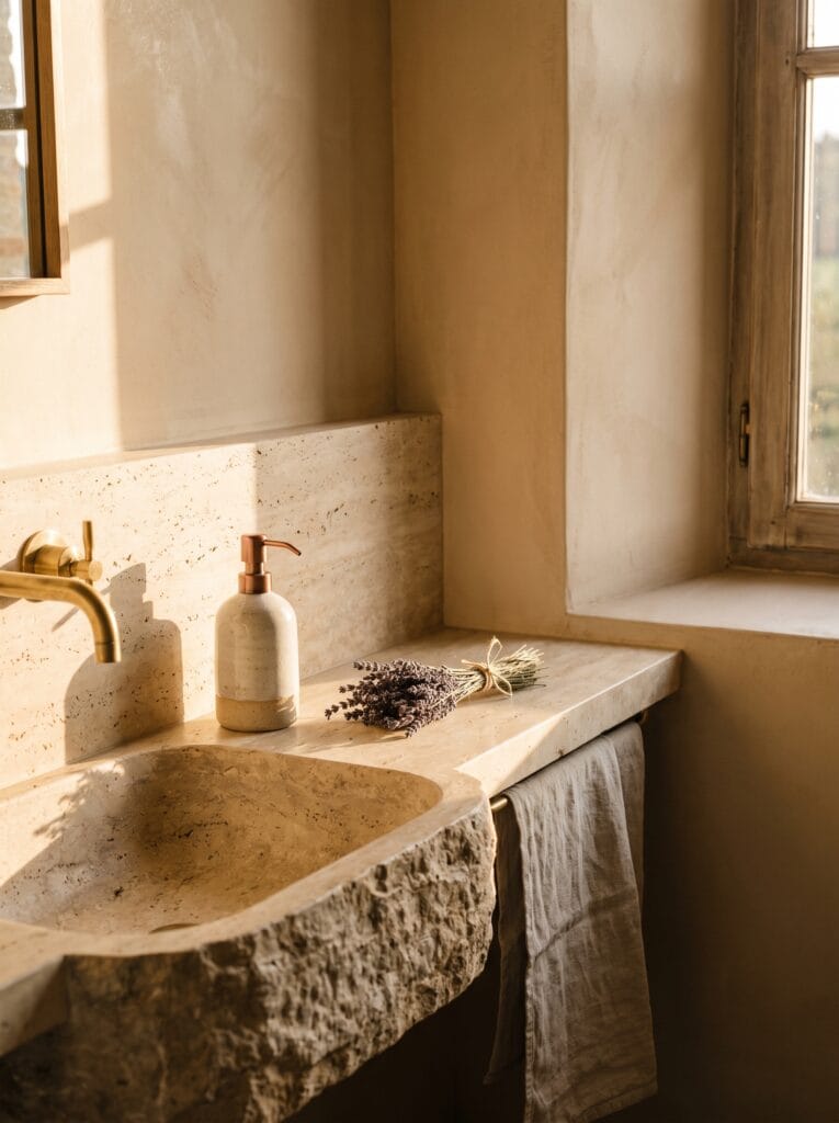 A thick honed travertine ledge and backsplash above a carved stone basin in a warm plaster bathroom, holding a ceramic soap pump and a bundle of dried lavender in low afternoon light.
