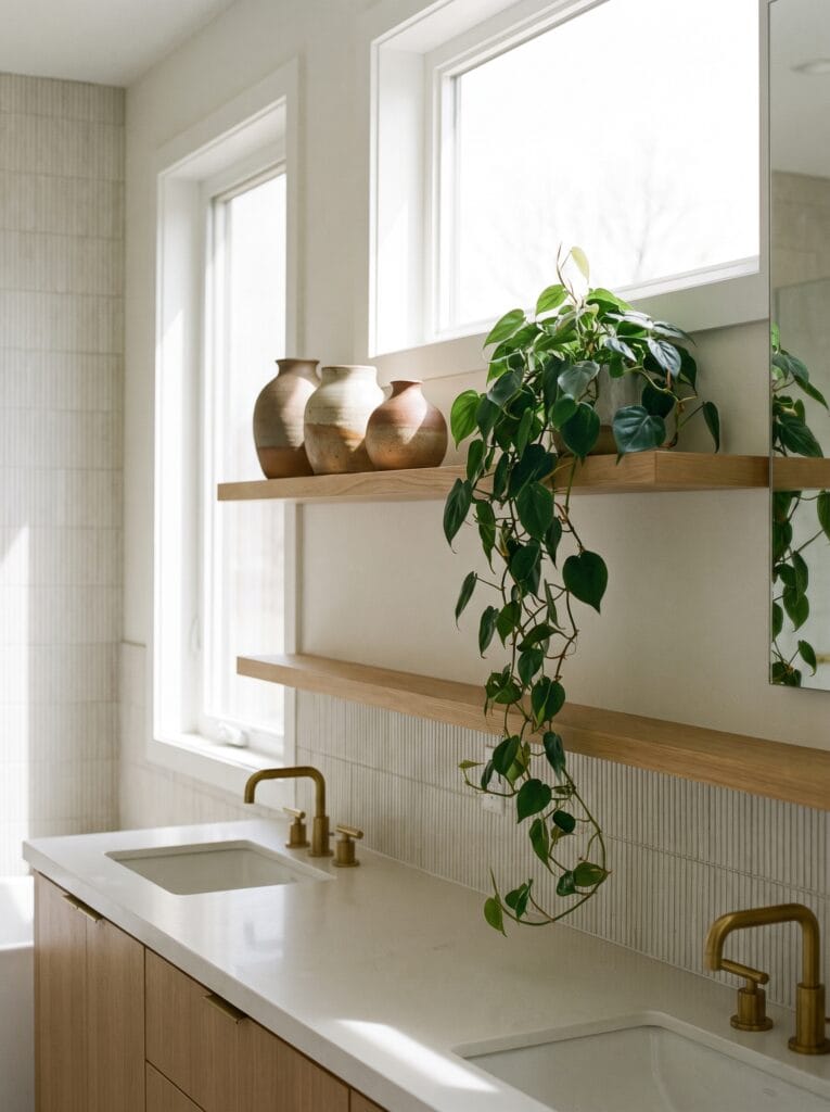 Two long white oak floating shelves spanning the wall above a double vanity with brass faucets and fluted tile, holding pottery vases and a trailing philodendron, with bright daylight from two windows.
