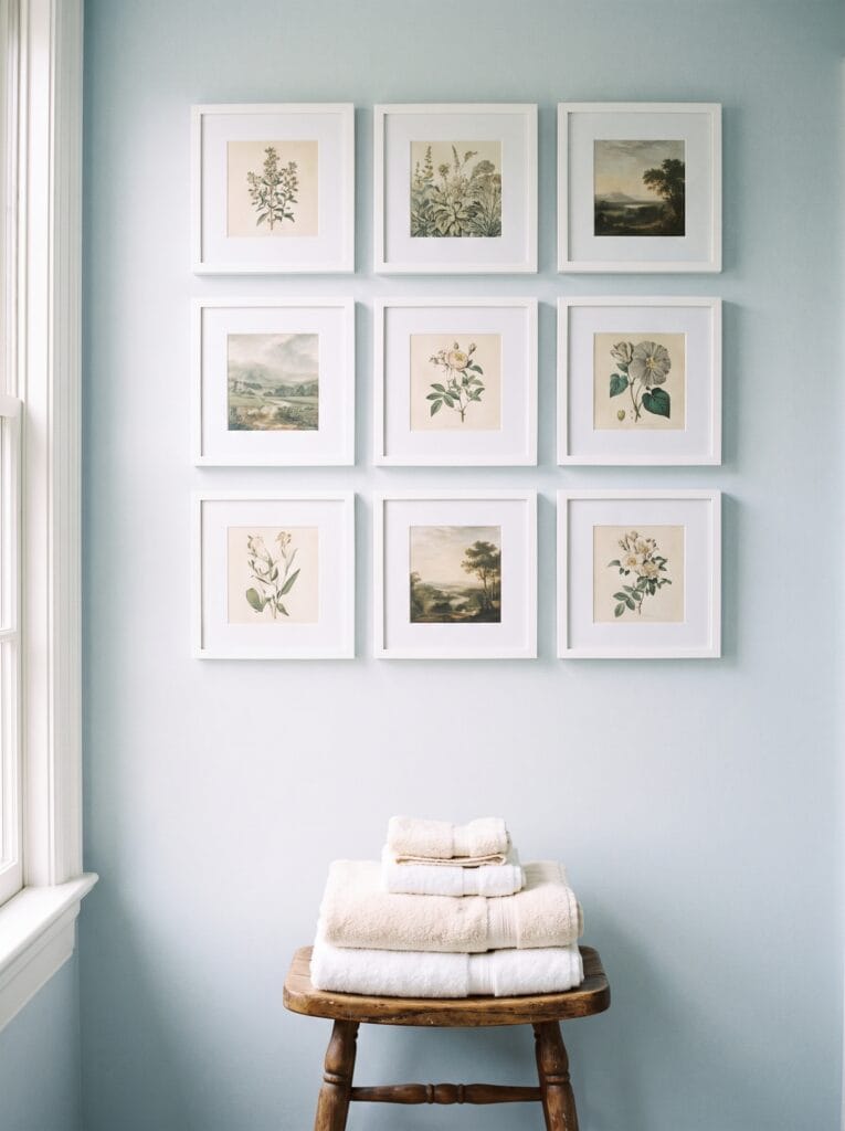 Nine white framed prints in a three by three grid on a pale blue bathroom wall