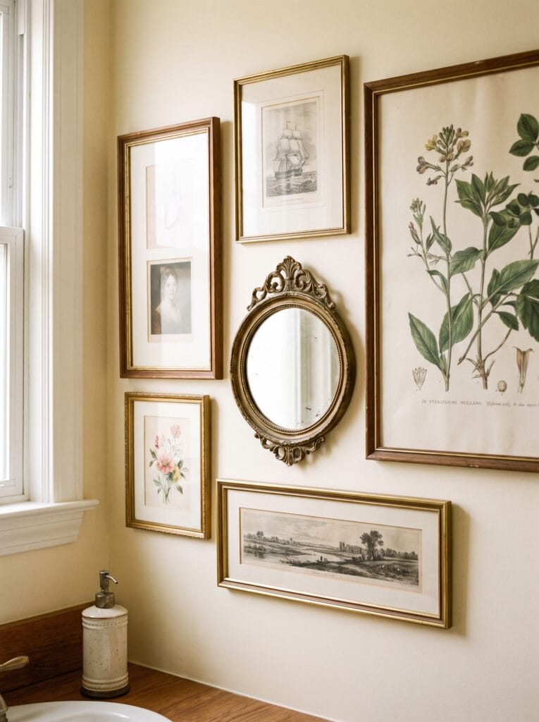 Gallery wall built around an ornate oval gold mirror with gold and walnut frames around it