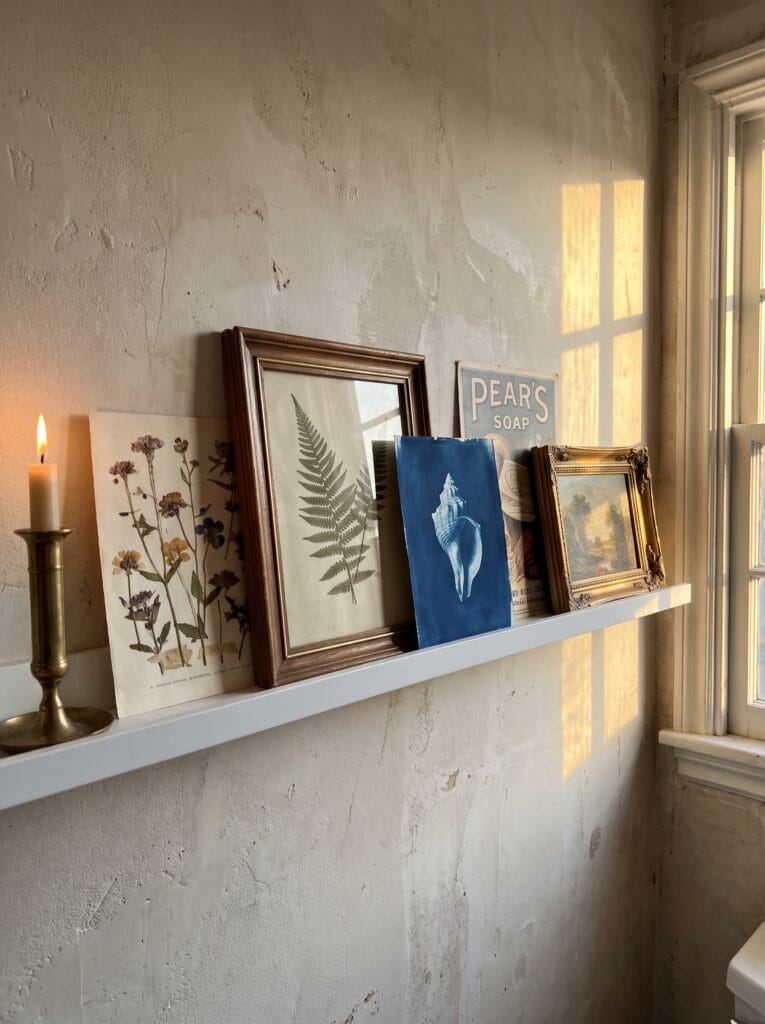 White picture ledge holding leaning botanical prints a cyanotype and a small gold framed landscape