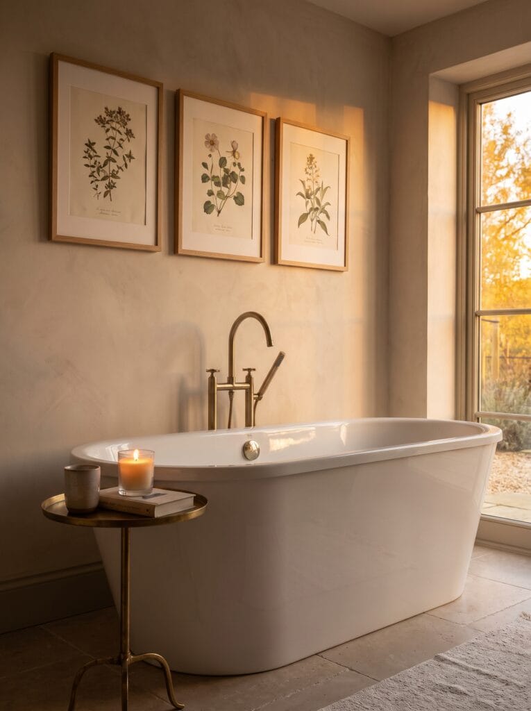 Three oak framed botanical prints hung high above a white freestanding bathtub